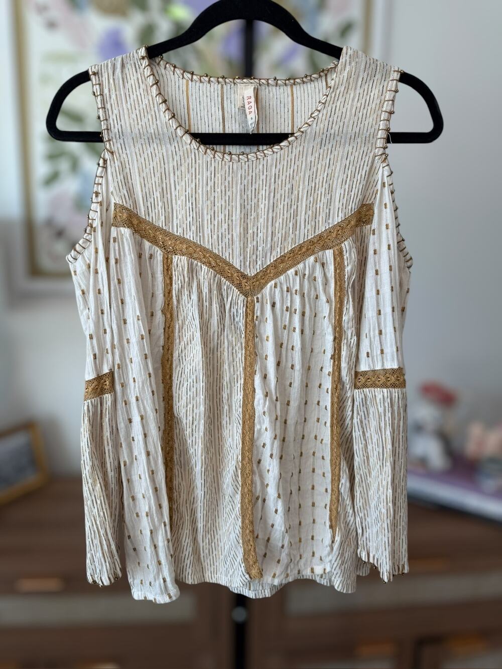 Raga x Anthropologie Lace Trim Cold Shoulder Boho Blouse White Gold Womens Small